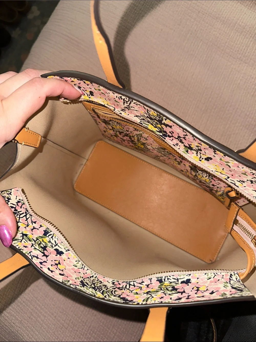 Tory Burch Pink Floral Tote with Tan Leather Trim